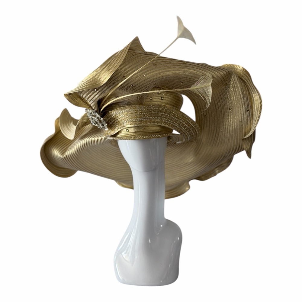 Donna Vinci Couture 24” Gold Wide Brim Hat w/ Rhinestones, Brooch and Feathers